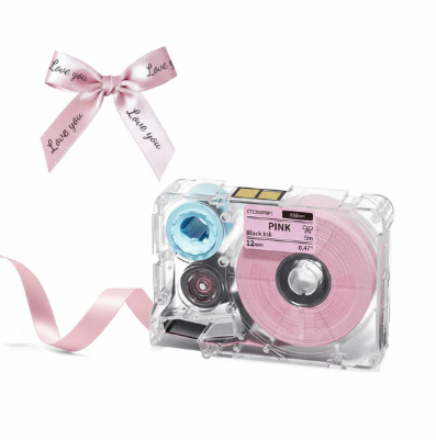 RUBAN D’ÉTIQUETAGE POUR A30 – NOIR SUR FOND ROSE – 12MM × 5M